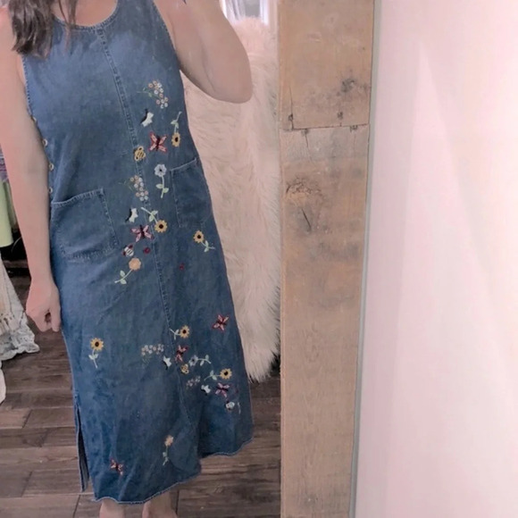 Vintage denim maxi dress floral embroidered size small cotton fabric - Picture 3 of 9